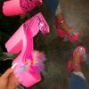 ZKXYFFS Chunky Heeled Sandals for Women Open Toe Ankle Strap Block Heel Platform Sandals Summer Fluffy Feather Dress Party High Heeled Sandal view 2