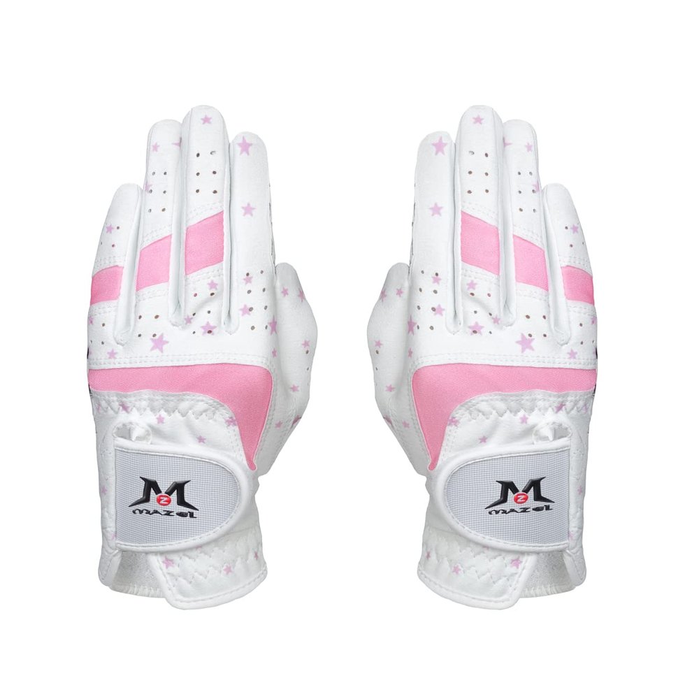 MAZEL Kids Golf Gloves for Youth Toddler Boys Girls, Right & Left Hand (1 Pair) Mircofiber Breathable Junior Golf Gloves, White Red Pink Blue Black Stars Color,Age 3-8 (Black Stars-Pink, L(Age 7-8))
