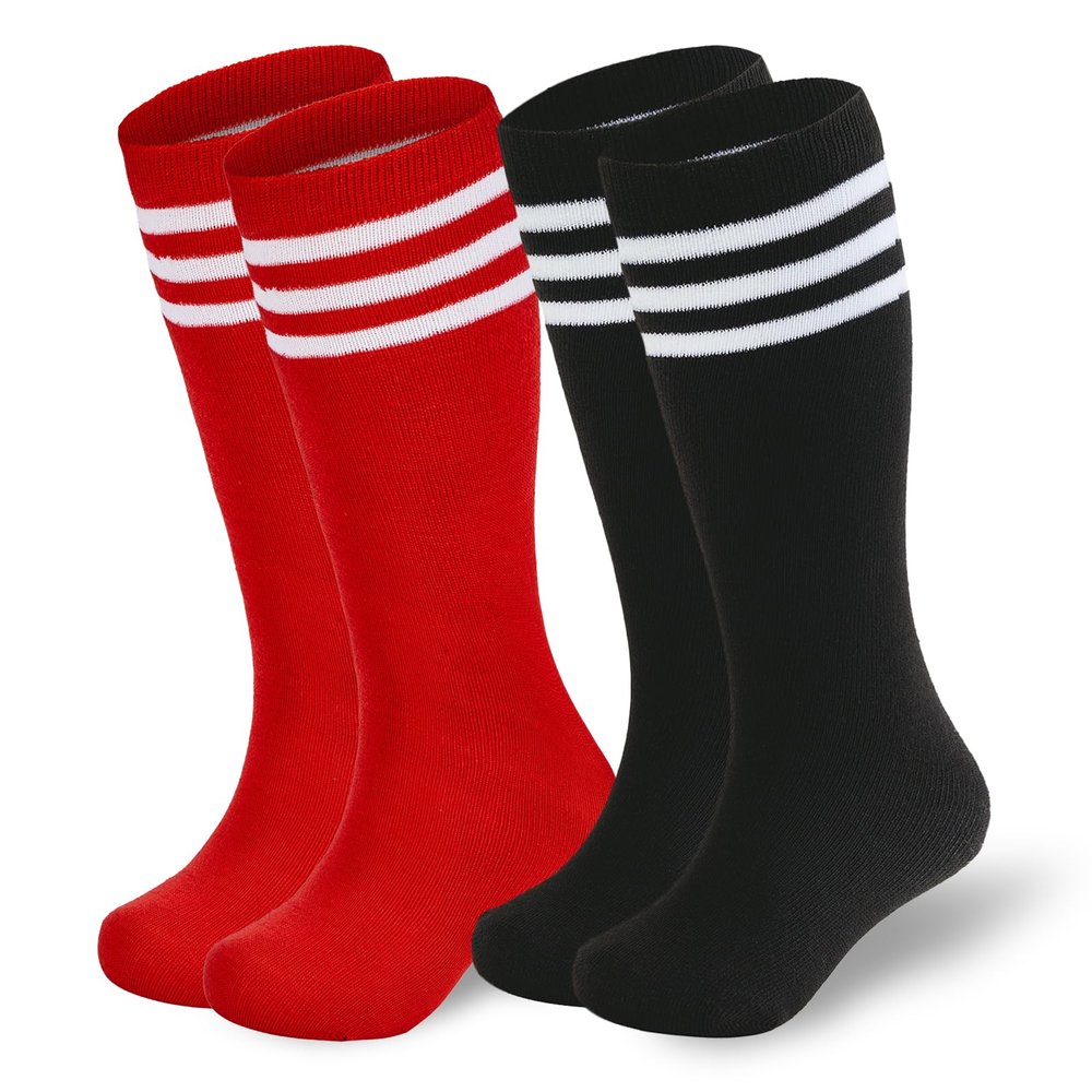American Trends Kids Toddler Soccer Socks Softball Baseball Football Girls Boys Long Tube Knee High Socks 2 Pack Red Black White 3-6 Years