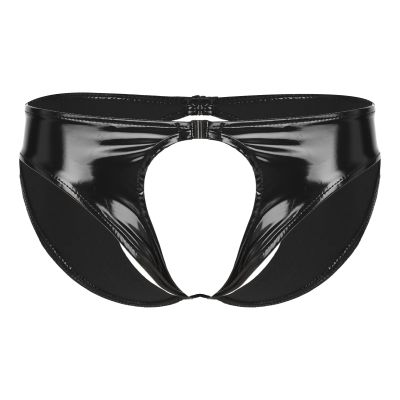 YONGHS Mens PVC Shiny Leather Tight Short Pants Solid Buckled Crotchless Boxer Shorts Hot Pants Black XX-Large