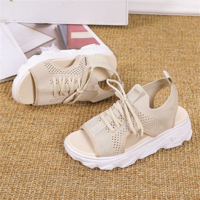 DOIX Women Mesh Wedges Sandals Lace Up Fish Mouth Platform Sport Sandals Ankle Elastic Sneaker Comfortable Lightweight Casual Sandals Slingback Open Toe Walking Shoes,Beige,US8/EU39
