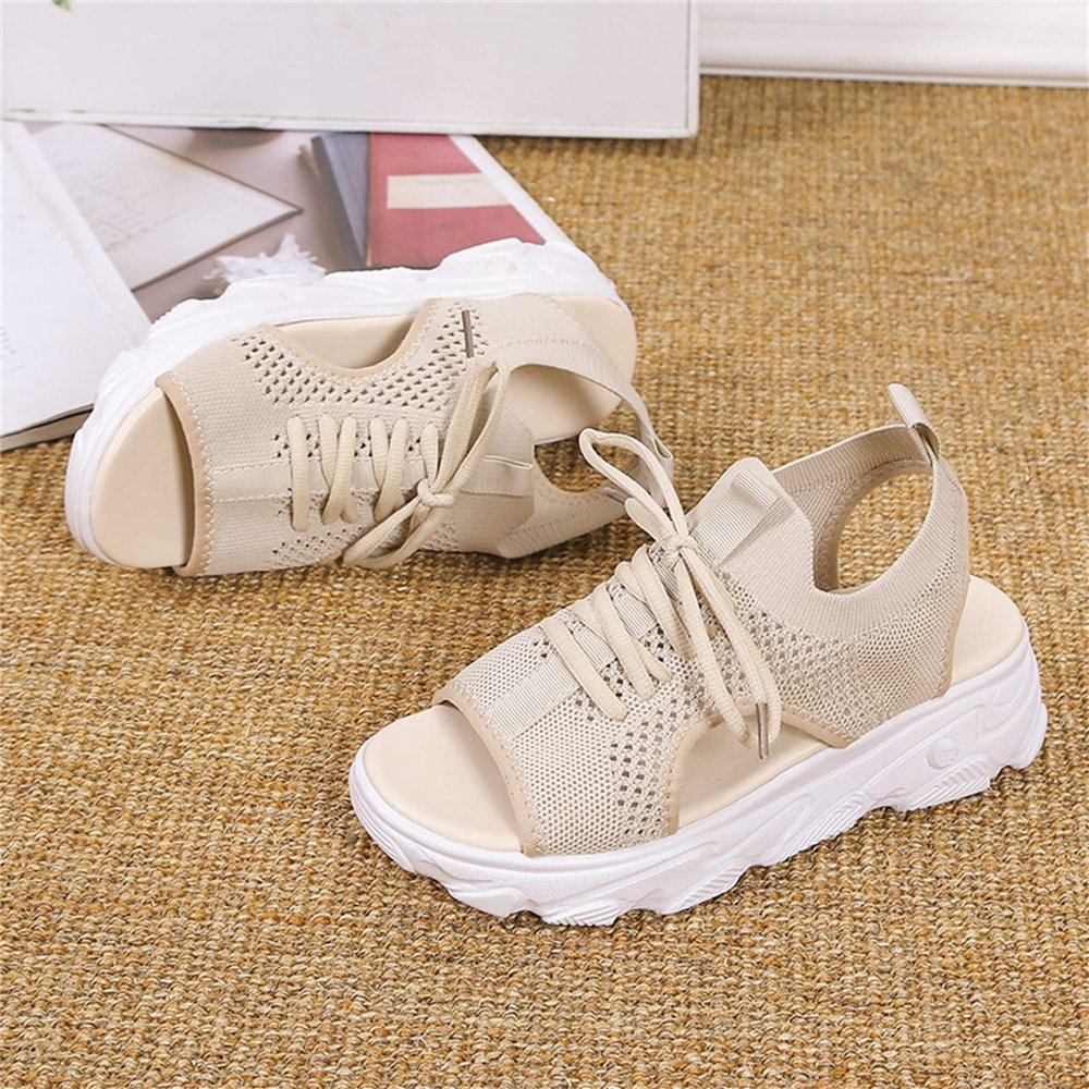 DOIX Women Mesh Wedges Sandals Lace Up Fish Mouth Platform Sport Sandals Ankle Elastic Sneaker Comfortable Lightweight Casual Sandals Slingback Open Toe Walking Shoes,Beige,US8/EU39