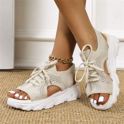 DOIX Women's Sports Thick Sole Sandals Summer Lace Up Mesh Fish Mouth Sandals Casual Platform Wedge Sandals Elastic Slip on Walking Shoes Lightweight Open Toe Sneakers,Beige,US8/EU39