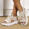 DOIX Women's Sports Thick Sole Sandals Summer Lace Up Mesh Fish Mouth Sandals Casual Platform Wedge Sandals Elastic Slip on Walking Shoes Lightweight Open Toe Sneakers,Beige,US8/EU39 view 1