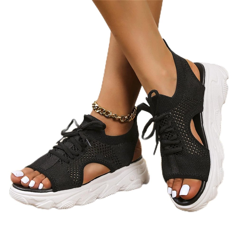 DOIX Women's Sports Thick Sole Sandals Summer Lace Up Mesh Fish Mouth Sandals Casual Platform Wedge Sandals Elastic Slip on Walking Shoes Lightweight Open Toe Sneakers,Black,US10/EU41