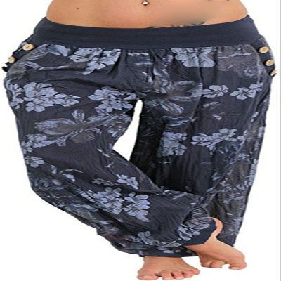 Women's Casual Floral Print Slacks Vintage Elastic Waist Pocket Wide Leg Pants Summer Beach Loose Lounge Trousers (Dark Blue,Small)