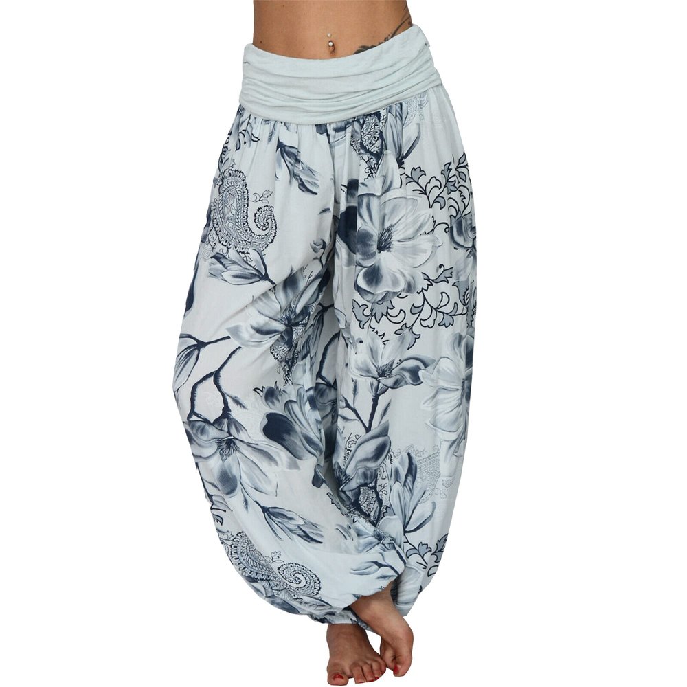 Women's Loose Floral Wide Leg Pants Elastic Waist Casual Long Trousers with Pockets Summer Beach Printed Slacks (Light Blue,3X-Large)