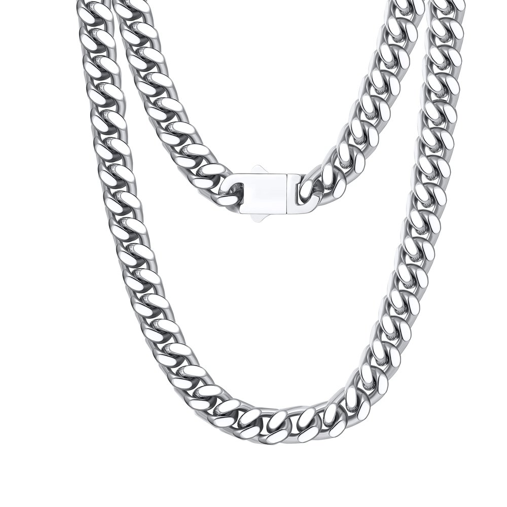 12mm Miami Cuban Link Chain for Men Women 316L Stainless Steel Man Hiphop Silver Color Choker Necklace 16/18/20/22/24/26 Inches (width 9mm 18 inches)