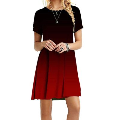 Canbebig Womens Casual Short Sleeve Midi Dress Solid/Gradient Round Neck Summer Loose Fit T-Shirt Sundress Mini Dresses Z-red