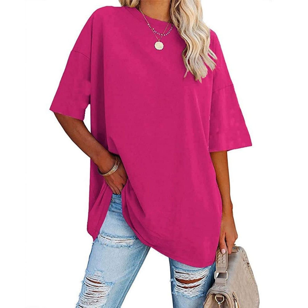 Women's Short Sleeve Round Neck Tee Top Solid Oversized T-Shirt Basic Loose Casual Dropped Sleeve Summer Tops