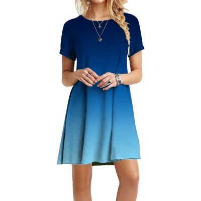 Canbebig Womens Casual Short Sleeve Midi Dress Solid/Gradient Round Neck Summer Loose Fit T-Shirt Sundress Mini Dresses Z-Blue