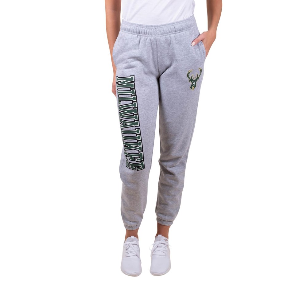 Ultra Game NBA Official Women's Super Soft Active Fleece Sweatpants Joggers, Milwaukee Bucks, Heather Gray, Large