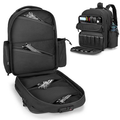 GOBUROS Tactical Pistol Backpack for 4 Handguns and 12 Mags, Gun Range Backpack with TSA Lock and Padded Shoulder Straps, Black