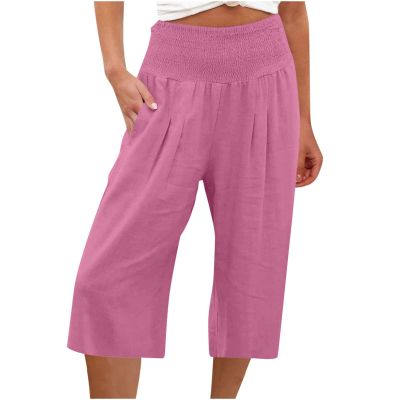 XUNRYAN Womens Linen Capri Yoga Pants Wide Leg Loose Comfy Lounge Capris Casual Summer Flowy Boho Crop Pants with Pockets