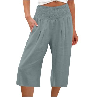 XUNRYAN Womens Linen Capri Yoga Pants Wide Leg Loose Comfy Lounge Capris Casual Summer Flowy Boho Crop Pants with Pockets
