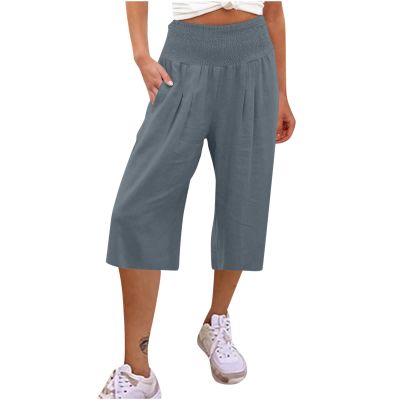 XUNRYAN Womens Linen Capri Yoga Pants Wide Leg Loose Comfy Lounge Capris Casual Summer Flowy Boho Crop Pants with Pockets