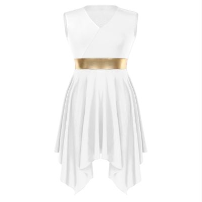 ranrann Women's Asymmetrical Praise Dance Tunic Color Block Sleeveless Worship Lyrical Dance Overlay Costume V Neck-White Medium
