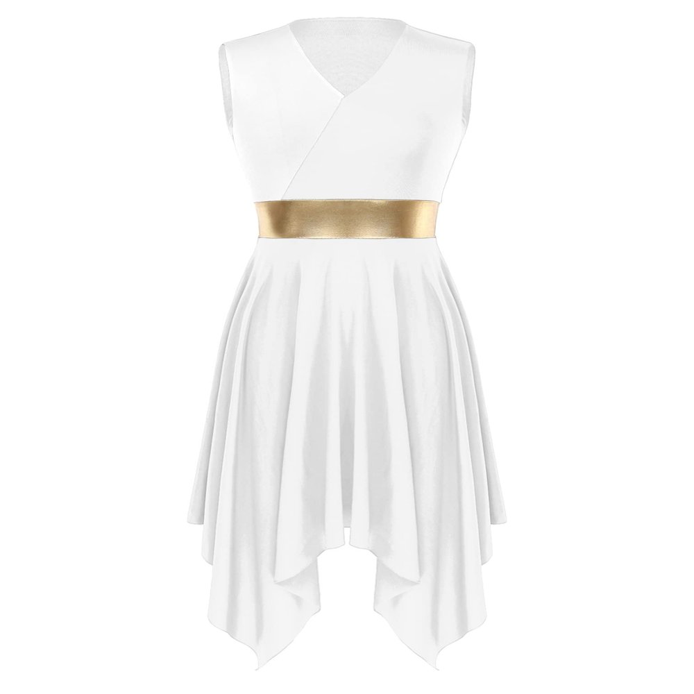 ranrann Women's Asymmetrical Praise Dance Tunic Color Block Sleeveless Worship Lyrical Dance Overlay Costume V Neck-White Medium