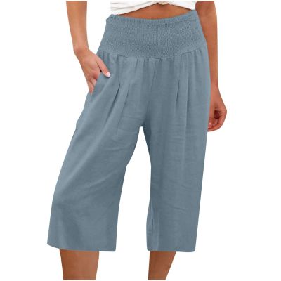 XUNRYAN Womens Linen Capri Yoga Pants Wide Leg Loose Comfy Lounge Capris Casual Summer Flowy Boho Crop Pants with Pockets