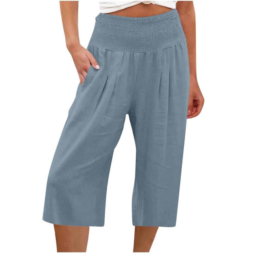 XUNRYAN Womens Linen Capri Yoga Pants Wide Leg Loose Comfy Lounge Capris Casual Summer Flowy Boho Crop Pants with Pockets