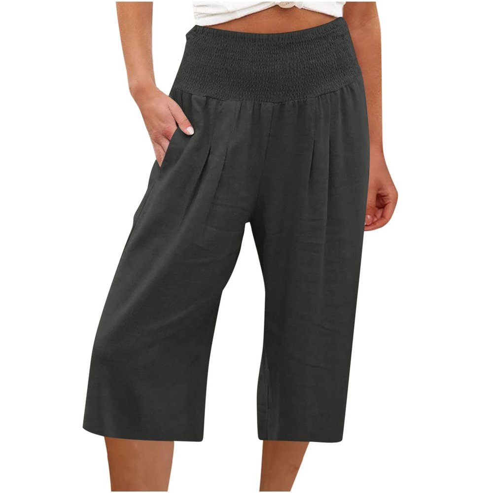 XUNRYAN Womens Linen Capri Yoga Pants Wide Leg Loose Comfy Lounge Capris Casual Summer Flowy Boho Crop Pants with Pockets