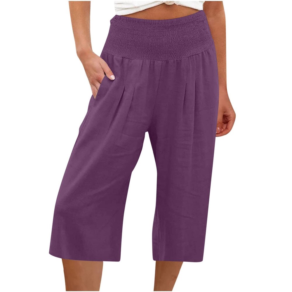XUNRYAN Womens Linen Capri Yoga Pants Wide Leg Loose Comfy Lounge Capris Casual Summer Flowy Boho Crop Pants with Pockets
