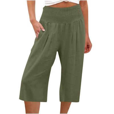 XUNRYAN Womens Linen Capri Yoga Pants Wide Leg Loose Comfy Lounge Capris Casual Summer Flowy Boho Crop Pants with Pockets