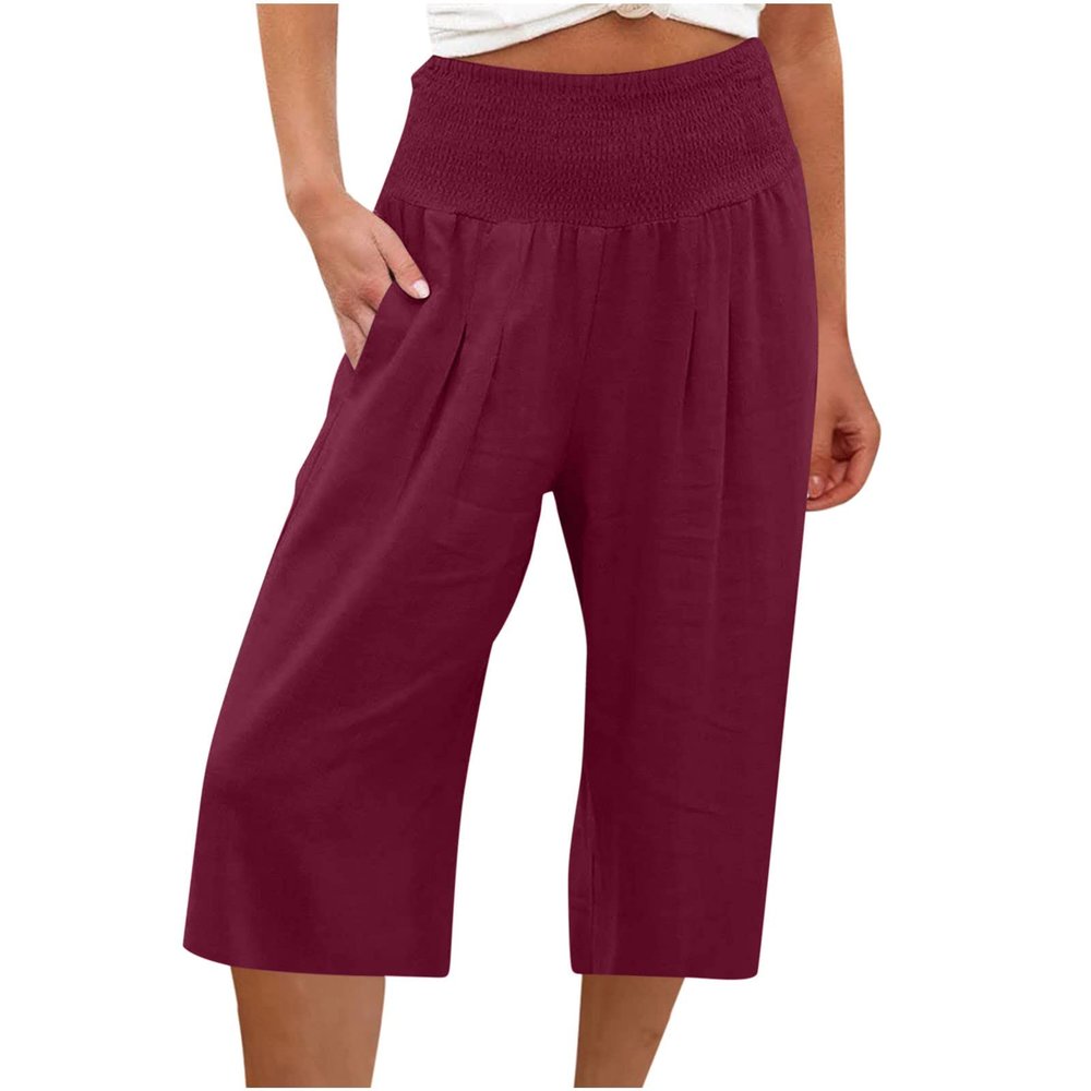 XUNRYAN Womens Linen Capri Yoga Pants Wide Leg Loose Comfy Lounge Capris Casual Summer Flowy Boho Crop Pants with Pockets
