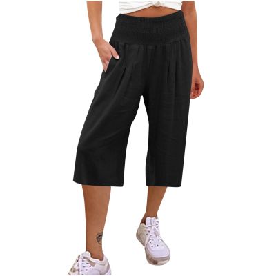 XUNRYAN Womens Linen Capri Yoga Pants Wide Leg Loose Comfy Lounge Capris Casual Summer Flowy Boho Crop Pants with Pockets