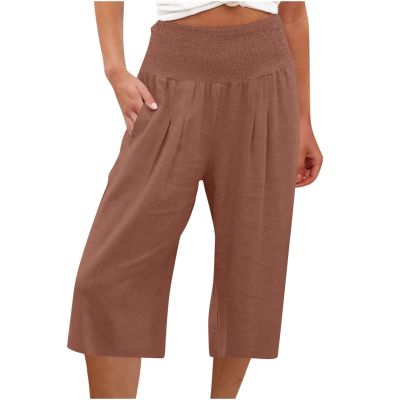 XUNRYAN Womens Linen Capri Yoga Pants Wide Leg Loose Comfy Lounge Capris Casual Summer Flowy Boho Crop Pants with Pockets