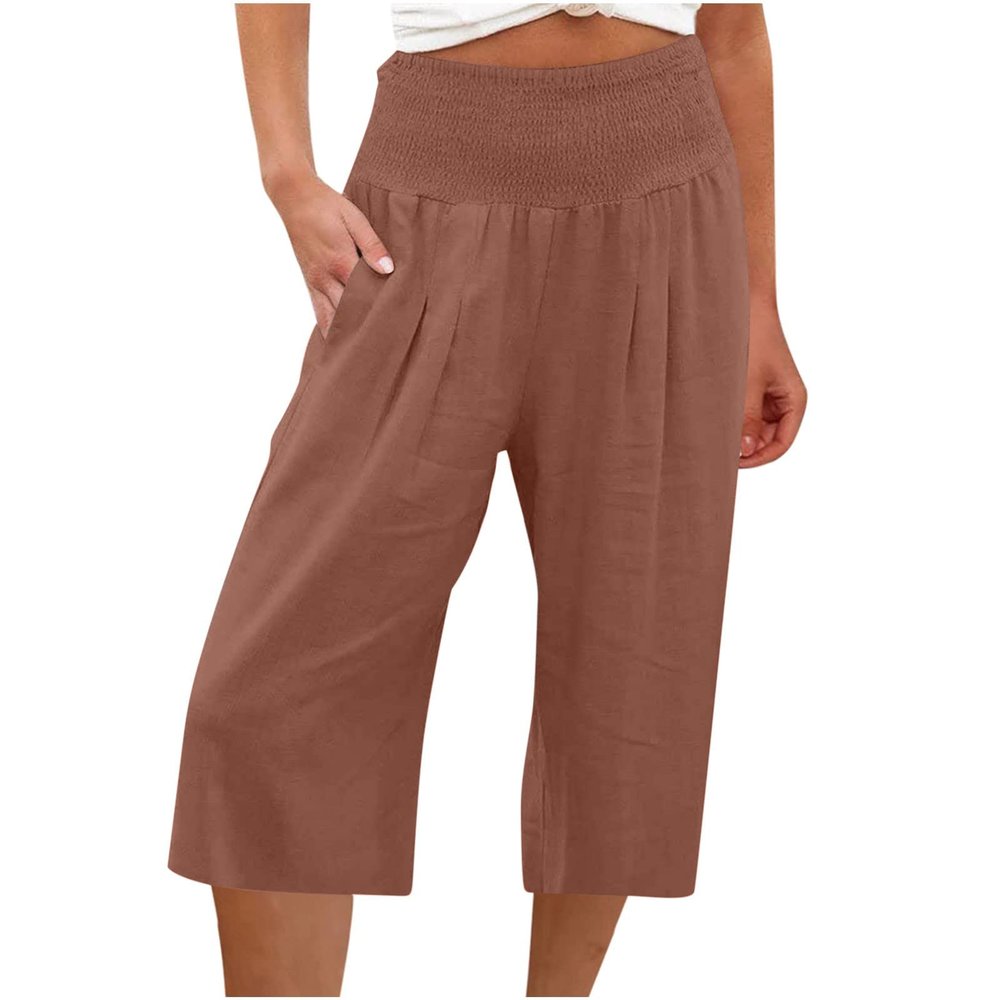 XUNRYAN Womens Linen Capri Yoga Pants Wide Leg Loose Comfy Lounge Capris Casual Summer Flowy Boho Crop Pants with Pockets