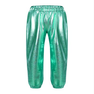 ACSUSS Girls Metallic Jogger Pants Shiny Jazz Hip Hop Dancewear Youth High-Waist Leg Openings Trousers Blue Green 16 Years