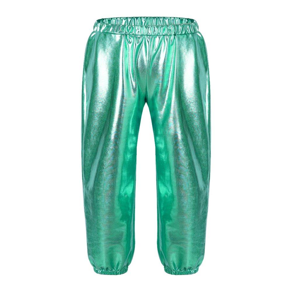 ACSUSS Girls Metallic Jogger Pants Shiny Jazz Hip Hop Dancewear Youth High-Waist Leg Openings Trousers Blue Green 16 Years