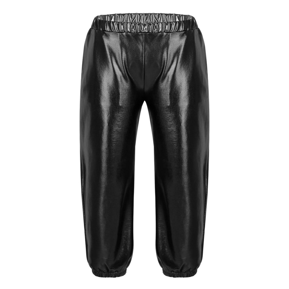 ACSUSS Girls Metallic Jogger Pants Shiny Jazz Hip Hop Dancewear Youth High-Waist Leg Openings Trousers Black 16 Years