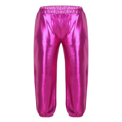 ACSUSS Girls Metallic Jogger Pants Shiny Jazz Hip Hop Dancewear Youth High-Waist Leg Openings Trousers Rose 16 Years