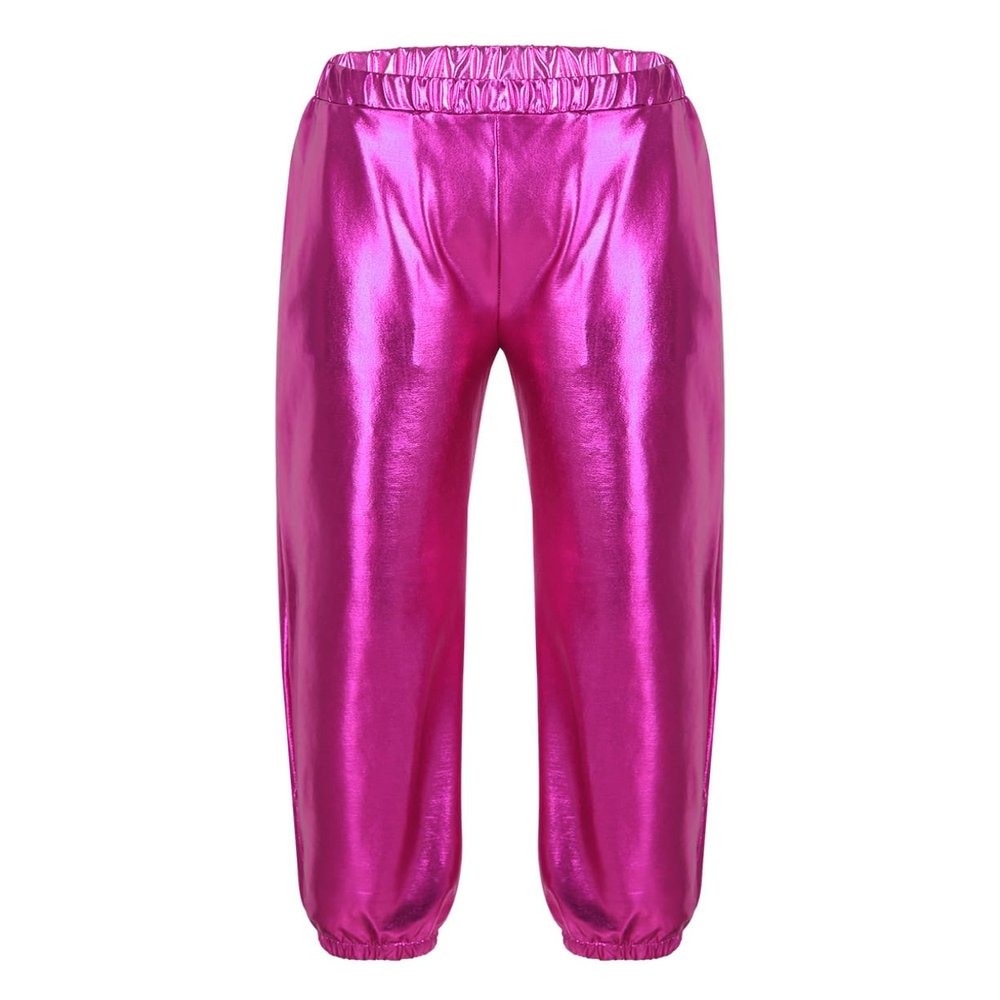 ACSUSS Girls Metallic Jogger Pants Shiny Jazz Hip Hop Dancewear Youth High-Waist Leg Openings Trousers Rose 16 Years