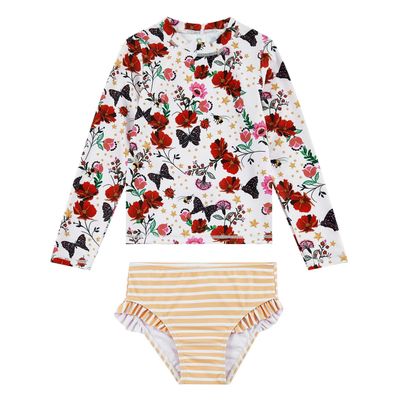 upandfast Little Girls 2-Pieces Swimsuit Set with UPF 50+ Sun Protection Long Sleeve Rash Guard (Butterfly, 7 Years)