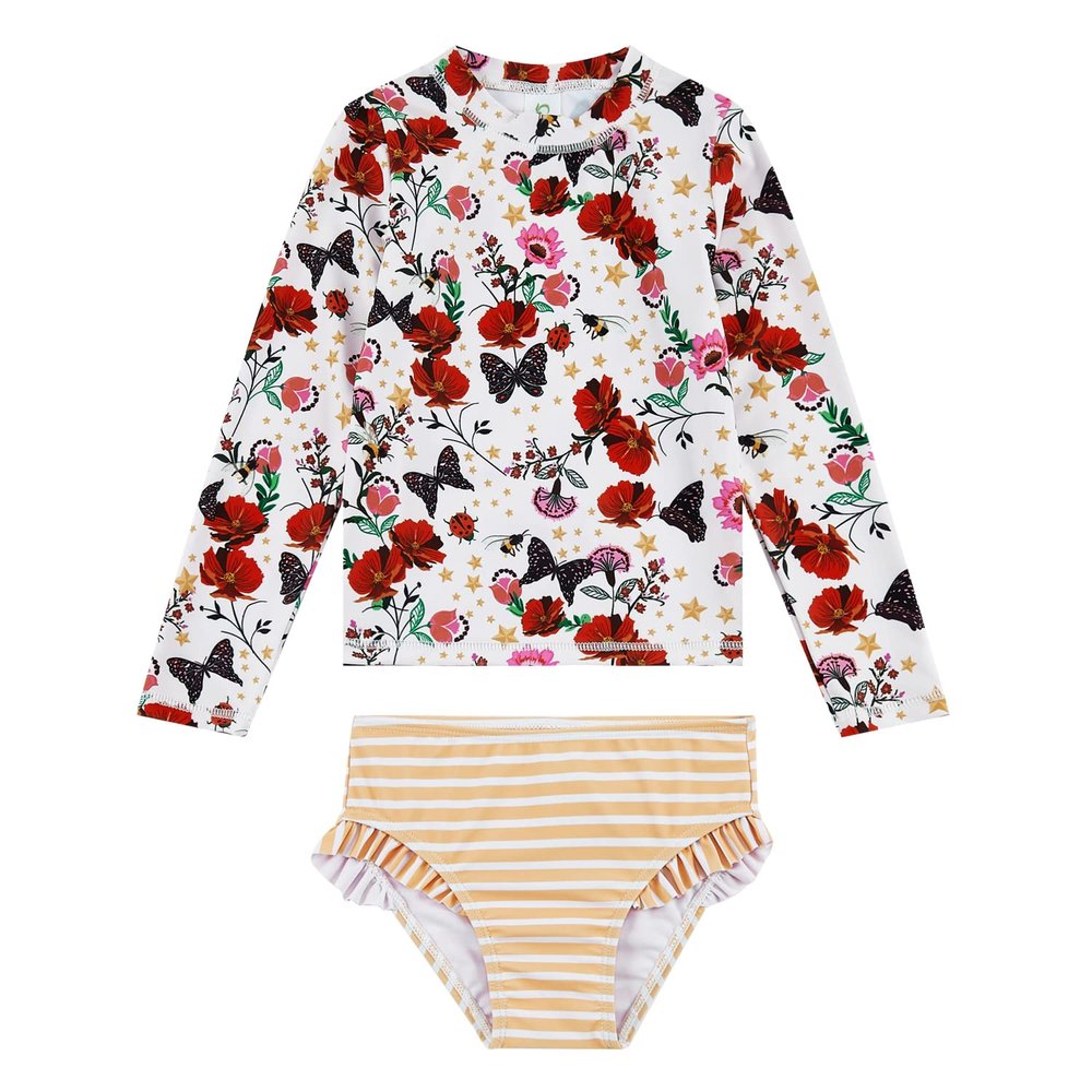upandfast Little Girls 2-Pieces Swimsuit Set with UPF 50+ Sun Protection Long Sleeve Rash Guard (Butterfly, 7 Years)