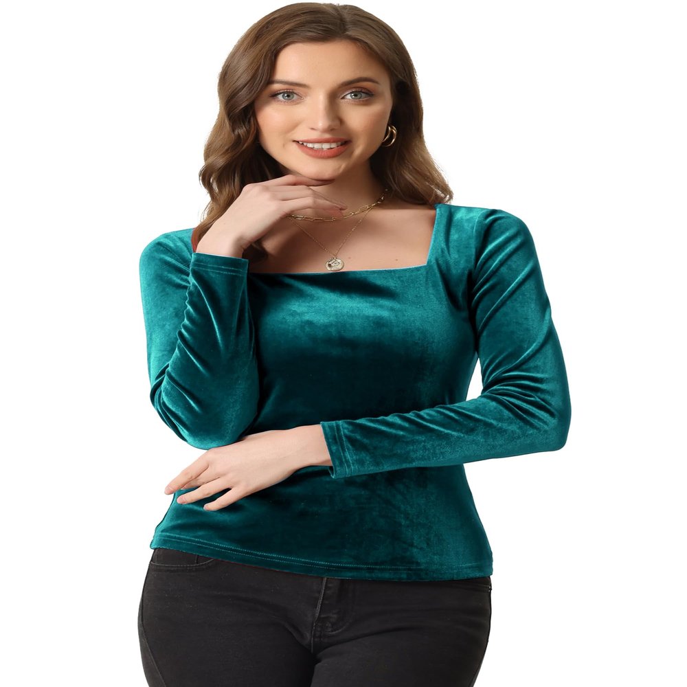Allegra K Velvet Top for Women's Square Neck Long Sleeves Solid Casual T-Shirt Blouse X-Small Green