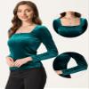 Allegra K Velvet Top for Women's Square Neck Long Sleeves Solid Casual T-Shirt Blouse X-Small Green view 3