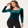 Allegra K Velvet Top for Women's Square Neck Long Sleeves Solid Casual T-Shirt Blouse X-Small Green view 4