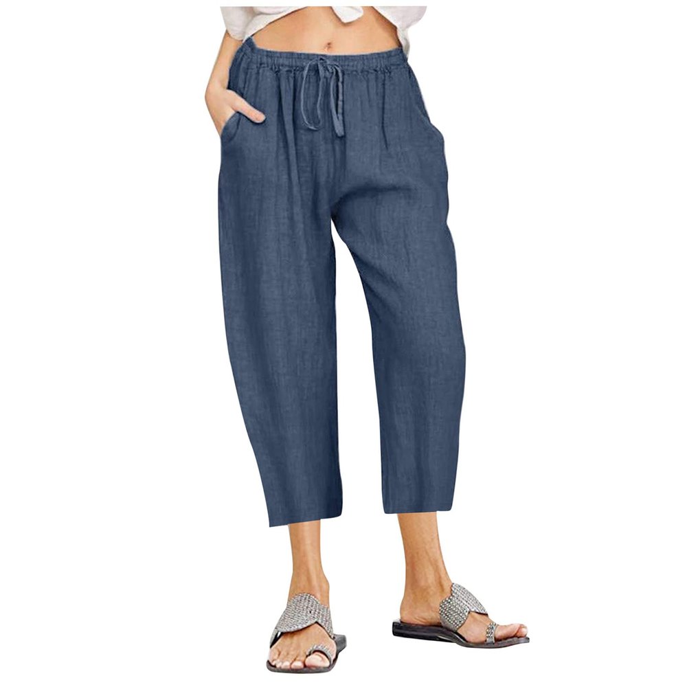 XUNRYAN Womens Linen Capri Yoga Pants Wide Leg Loose Comfy Lounge Capris Casual Summer Flowy Boho Crop Pants with Pockets