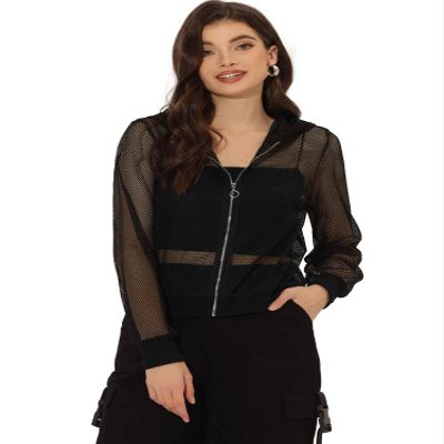 Allegra K Mesh Sheer Jacket for Women Long Sleeve Hoodie Zipper Up Lightweight Casual Outwear Night Out Party Outfit Large Black