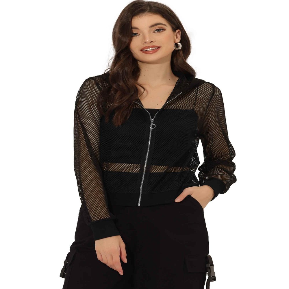 Allegra K Mesh Sheer Jacket for Women Long Sleeve Hoodie Zipper Up Lightweight Casual Outwear Night Out Party Outfit Large Black