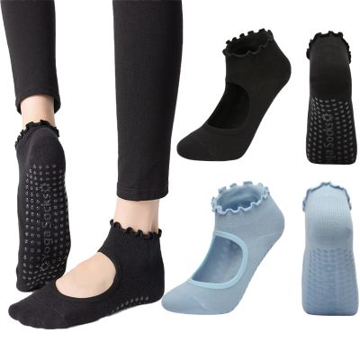 ANIDL 2 Pairs Frilly Yoga Socks Non Slip with Grip Yoga Pilates Ballet Barre Socks for Women (black/blue)