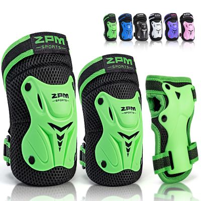 2PM SPORTS Knee Pads for Kids, Wrist Guards Knee and Elbow Pads Set with Drawstring Bag, Protective Gear Set for Girls Boys Roller Skating Cycling Skateboard - Green Medium