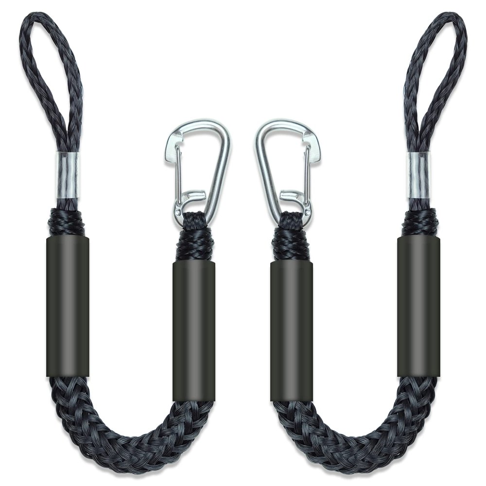 2PCS Fender Lines 2 Feet Premium Bungee Boat Lines with 316 Stainless Clip for Boat Bumper/Boat Fender Boat Accessories for Mooring for Jet Ski, SeaDoo, Yamaha WaveRunner Dinghy (Black, 2 Feet)