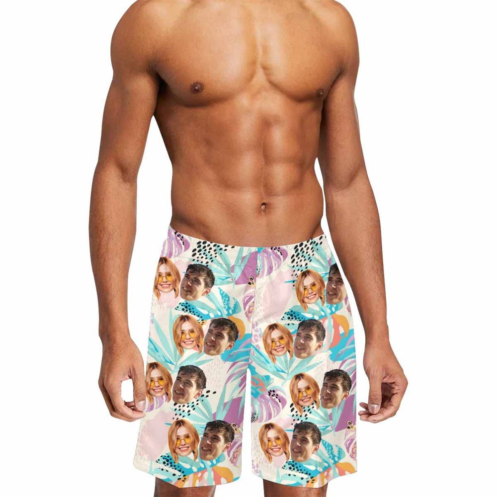 Custom Funny Men's Swim Trunks with Couple Face Photo, Personalized Hawaiian Print Quick Dry Swimwear Beach Shorts Customized Gifts for Dad Husband Boyfriend Birthday Father's Day- 9 Sizes