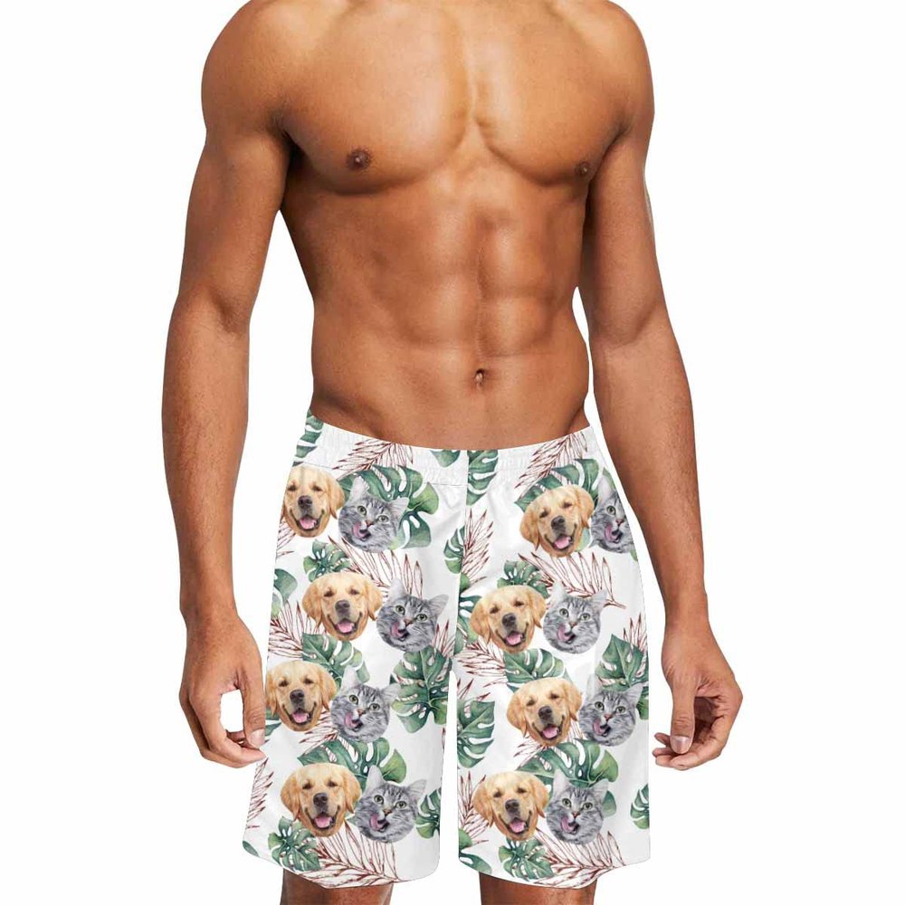 Custom Face Swim Trunks for Men Personalized Photo Hawaiian Print Dissolving Swim Trunks Funny Beach Board Shorts with Pet Dog Face Customized Gifts for Dad Husband BF Birthday - 4XL