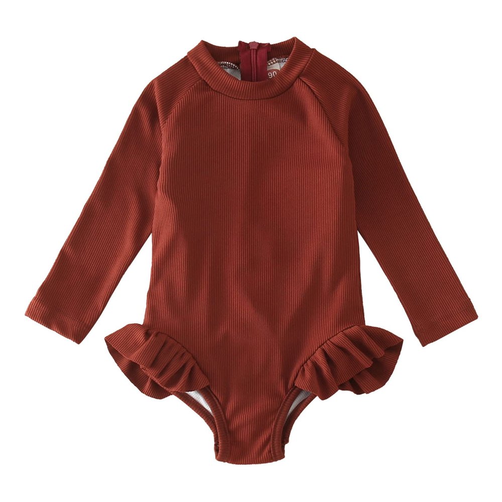 Summer Toddler Girls Long Sleeve Solid Color Ruffles 1 Piece Swimwear Beach Onesie Swimsuit Bikini Toddler Wetsuit (Brown, 2-3 Years)